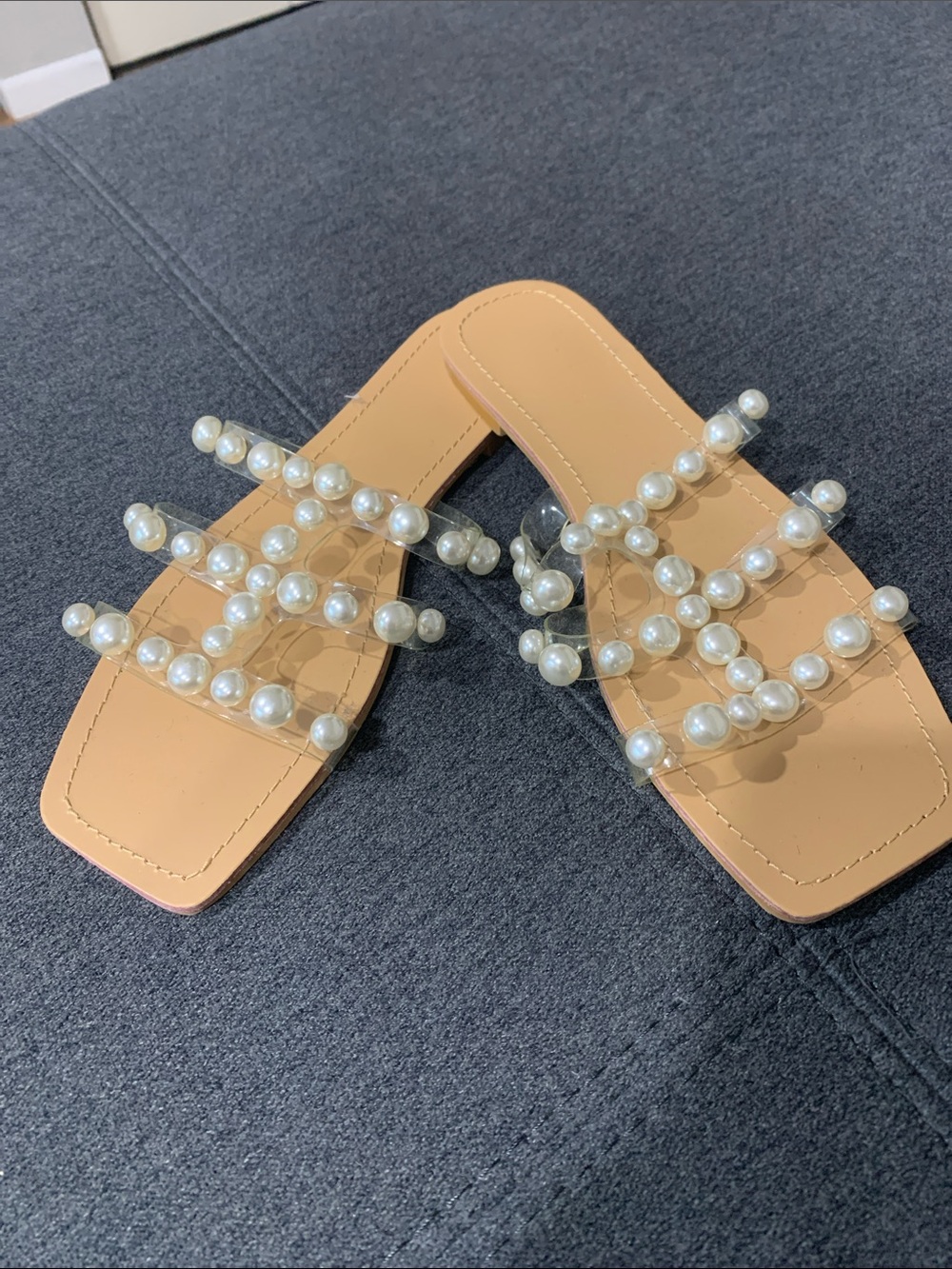 Pearl-Trim Tan Slide Sandals for Women